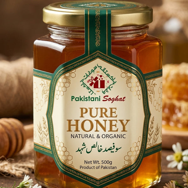 Pakistani Soghat Multiflower Small Bee Honey jar with branded label