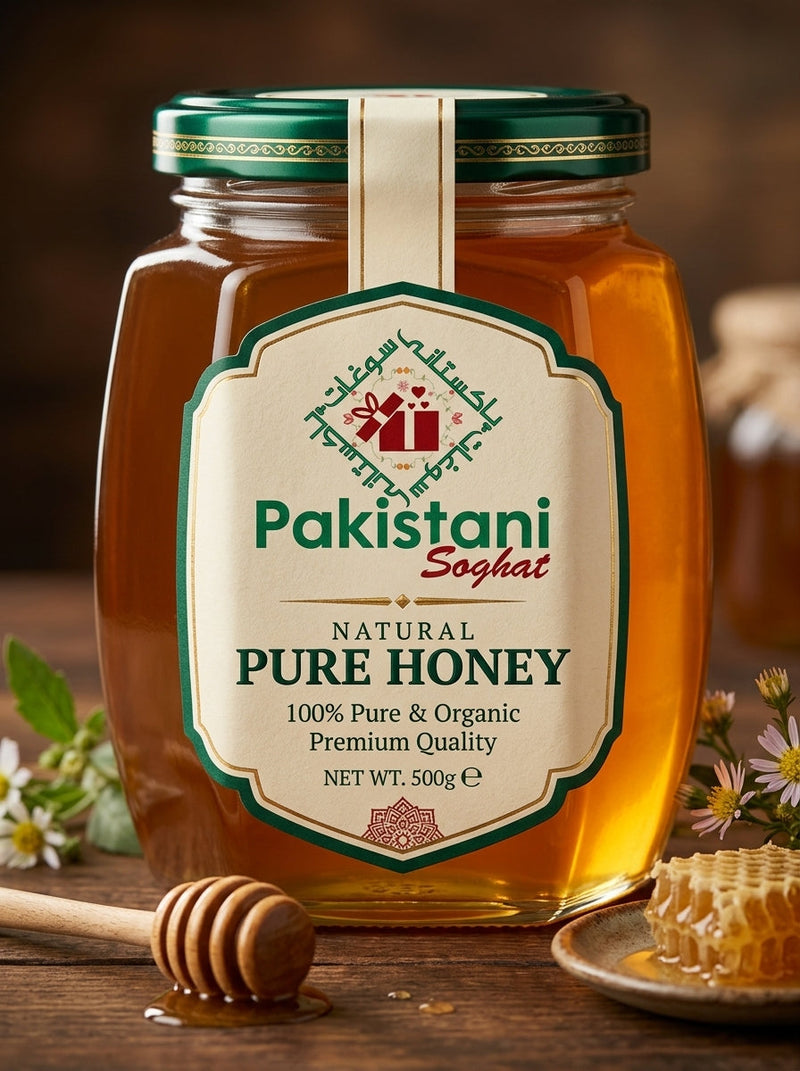 Pakistani Soghat Multi Flavour Desi Honey jar with branded label